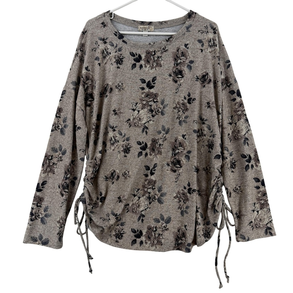 One World Blouse Womens XL Beige Floral Knit Ruched Side Long Sleeve Tunic NWT
